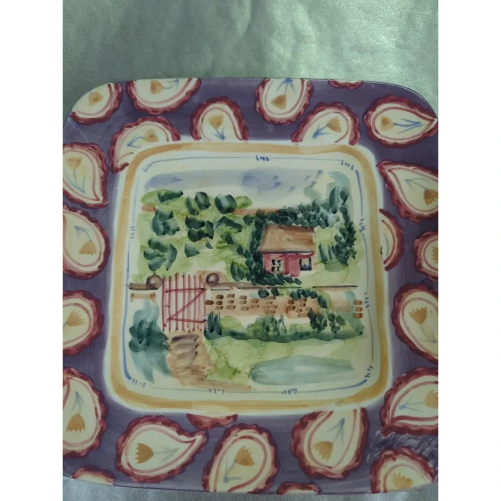 Michal sparks Hand painted Zrike company salad snack plate paisley house & fence